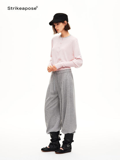 STRIKE A POSE Pleated Low Rise Drawstring Wide Leg Wool Blend Women&