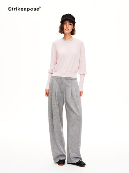 STRIKE A POSE Pleated Low Rise Drawstring Wide Leg Wool Blend Women&