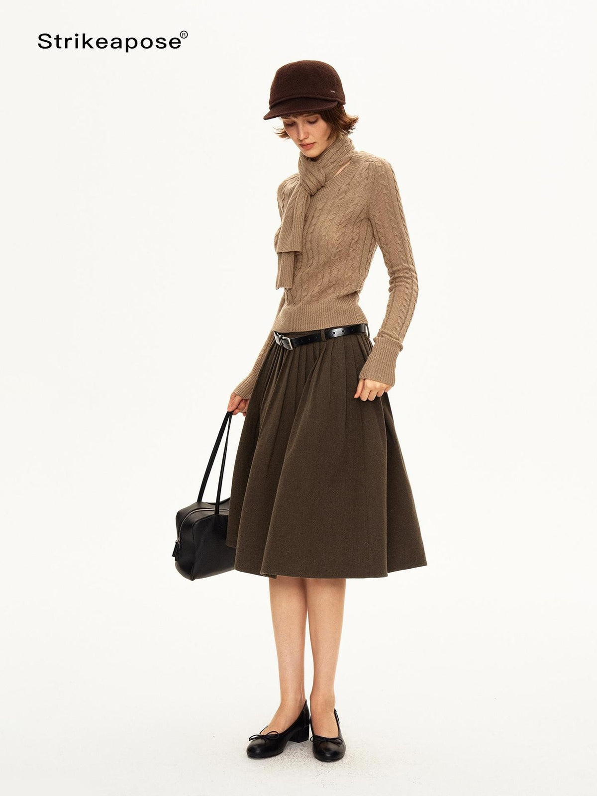 STRIKE A POSE Pleated Low Waist Wool Blend A Line Women&