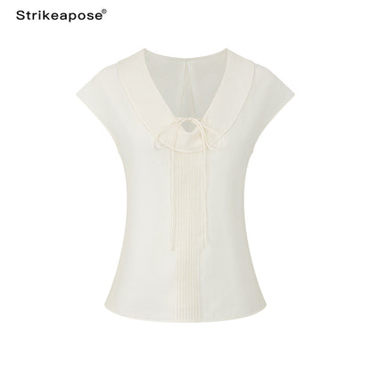 STRIKE_A_POSE_Pleated_Tie_Waist_Slim_U_Neck_Women&
