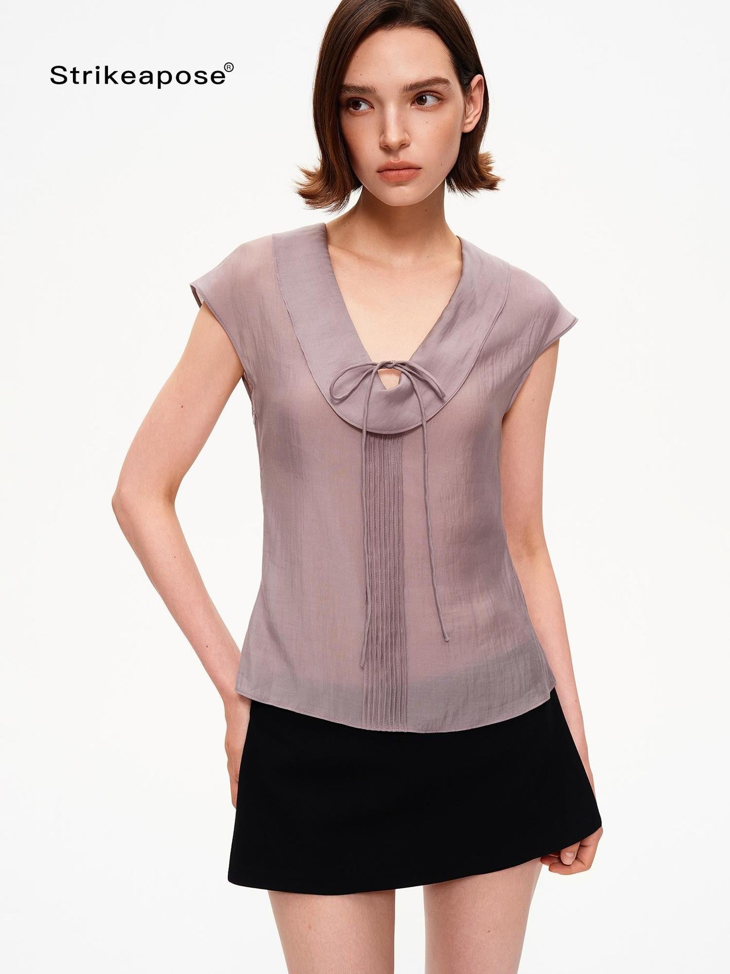 STRIKE A POSE Pleated Tie Waist Slim U Neck Women&