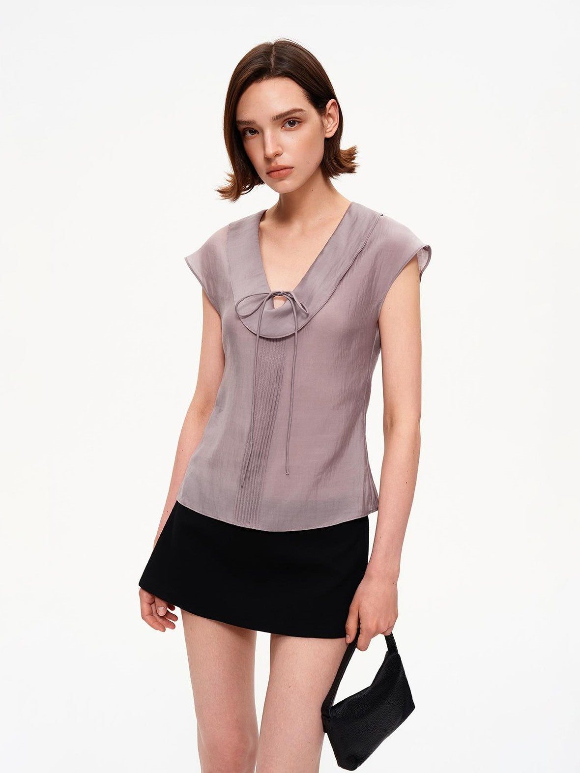 STRIKE A POSE Pleated Tie Waist Slim U Neck Women&