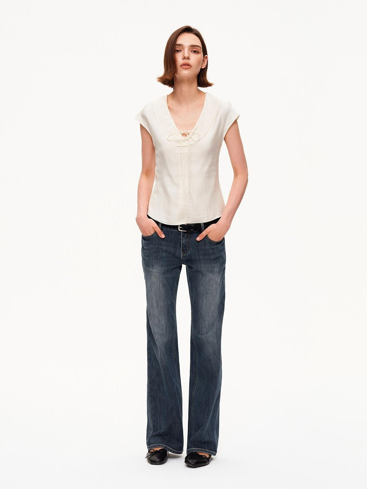 STRIKE A POSE Pleated Tie Waist Slim U Neck Women&
