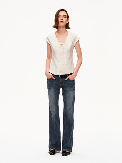 STRIKE A POSE Pleated Tie Waist Slim U Neck Women&