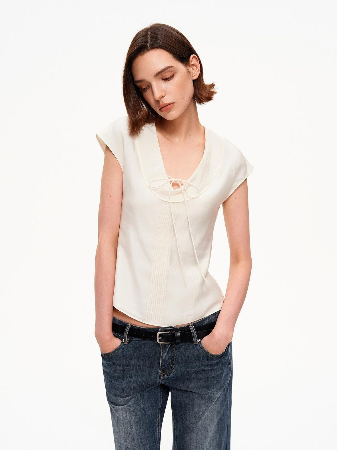 STRIKE A POSE Pleated Tie Waist Slim U Neck Women&