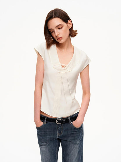 STRIKE A POSE Pleated Tie Waist Slim U Neck Women&