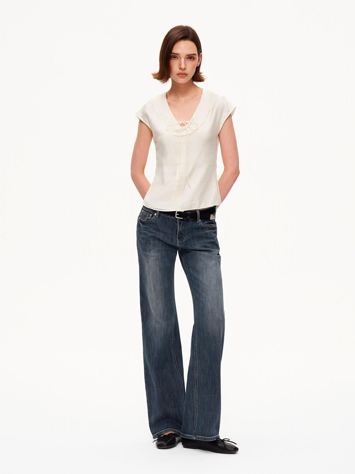 STRIKE A POSE Pleated Tie Waist Slim U Neck Women&