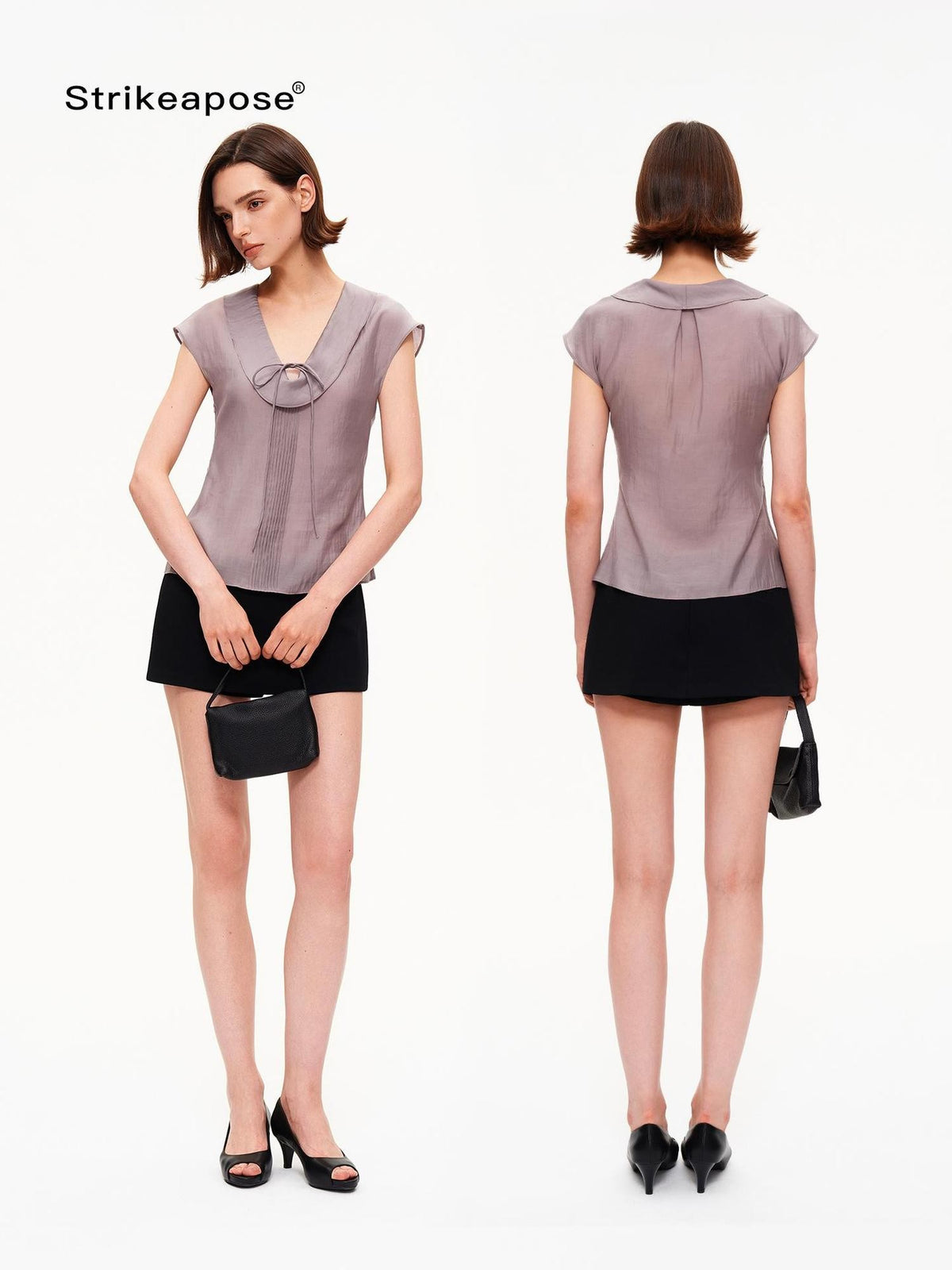 STRIKE A POSE Pleated Tie Waist Slim U Neck Women&
