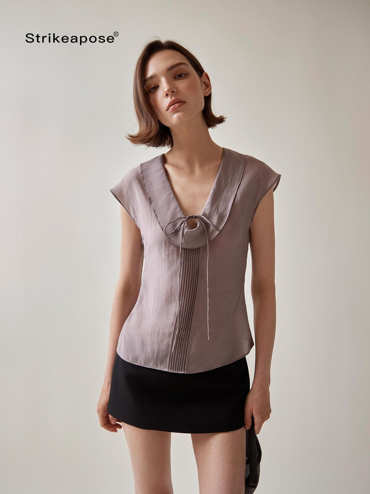 STRIKE A POSE Pleated Tie Waist Slim U Neck Women&
