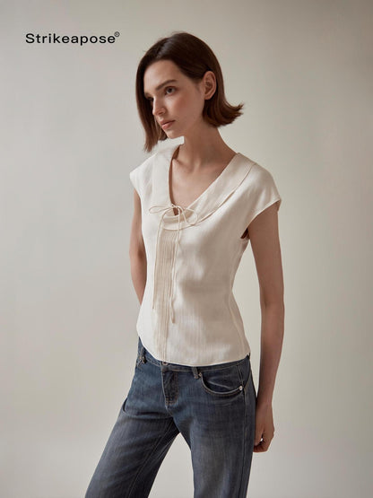 STRIKE A POSE Pleated Tie Waist Slim U Neck Women&