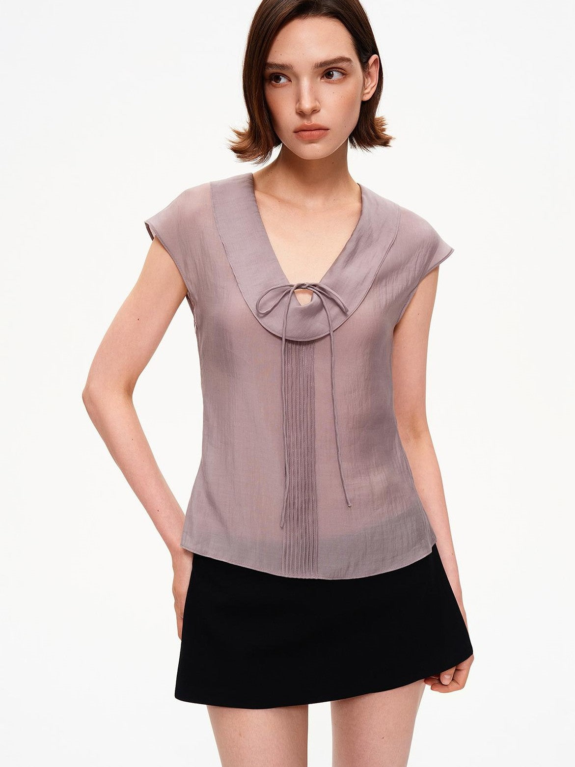 STRIKE A POSE Pleated Tie Waist Slim U Neck Women&
