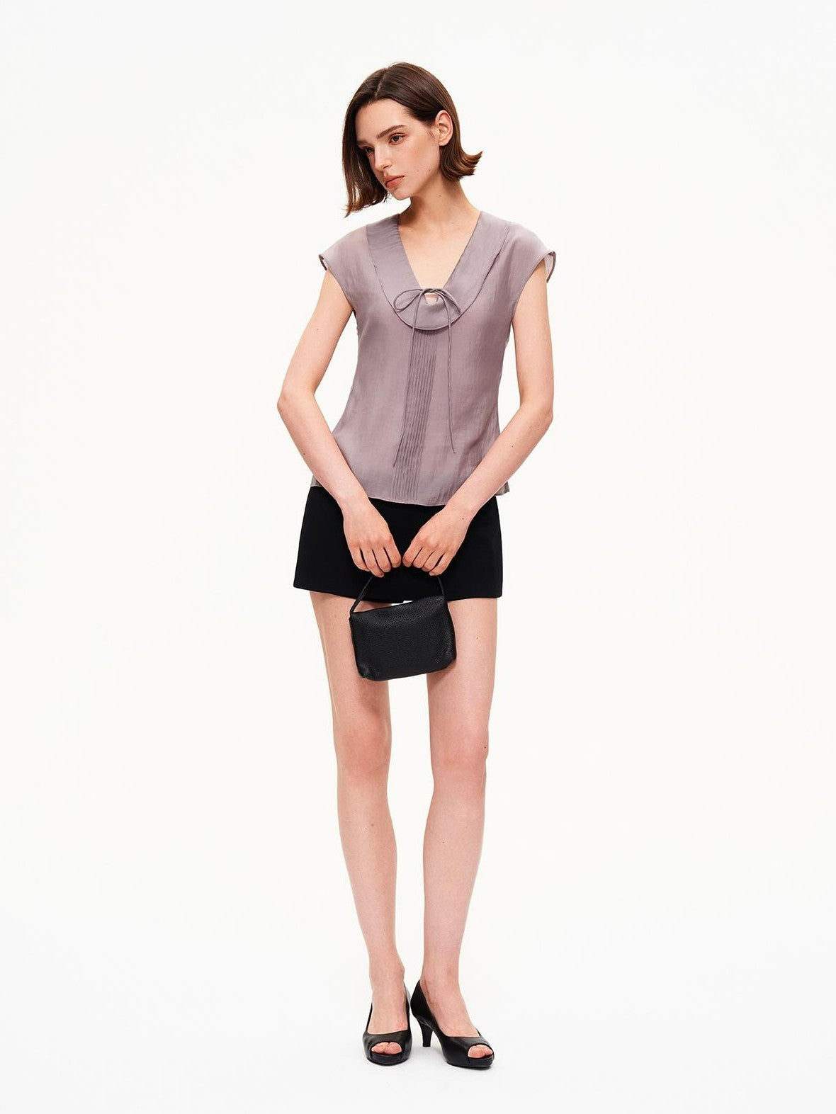 STRIKE A POSE Pleated Tie Waist Slim U Neck Women&