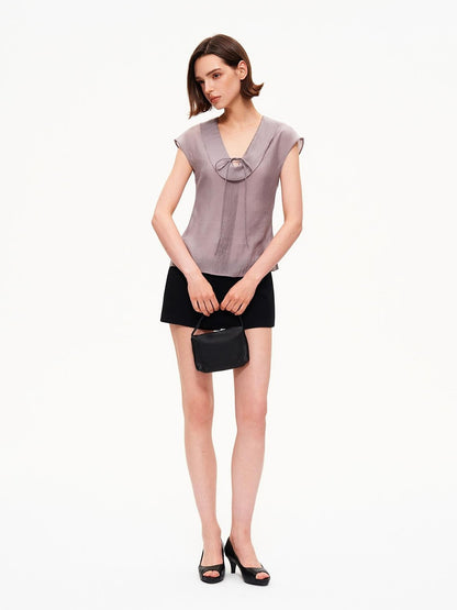 STRIKE A POSE Pleated Tie Waist Slim U Neck Women&