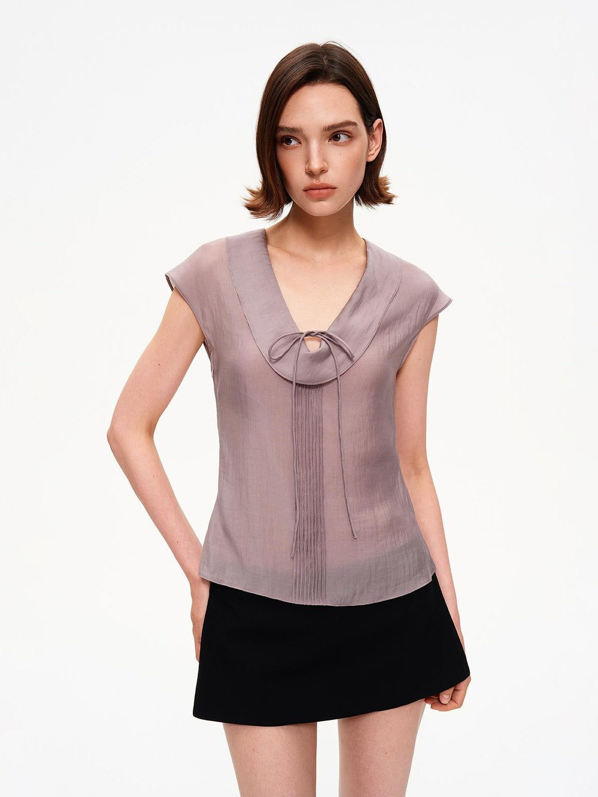 STRIKE A POSE Pleated Tie Waist Slim U Neck Women&