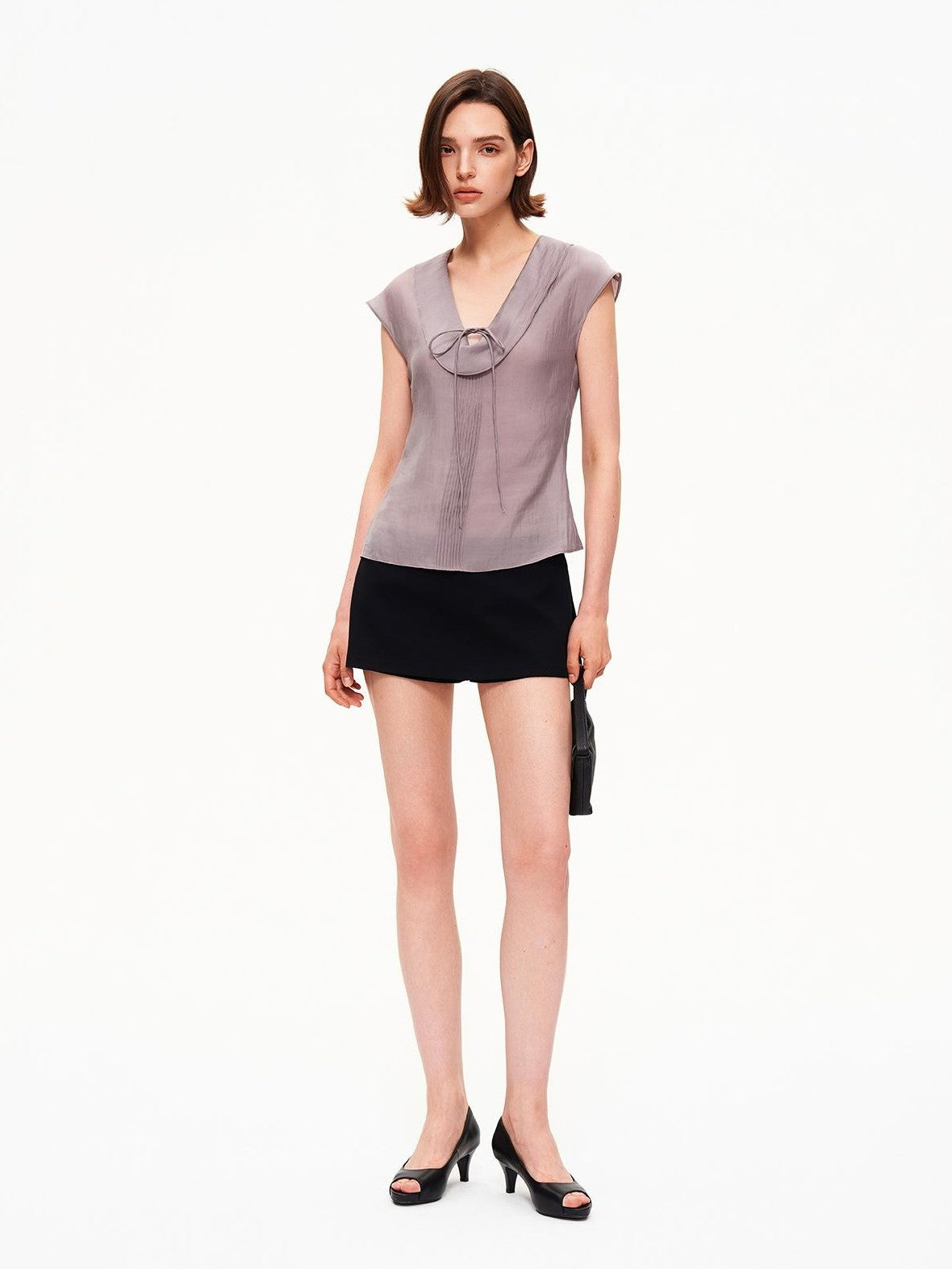 STRIKE A POSE Pleated Tie Waist Slim U Neck Women&