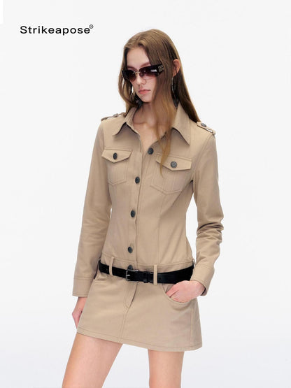 STRIKE A POSE Pocketed Utility Hip Hugging Shirt Dress Women&