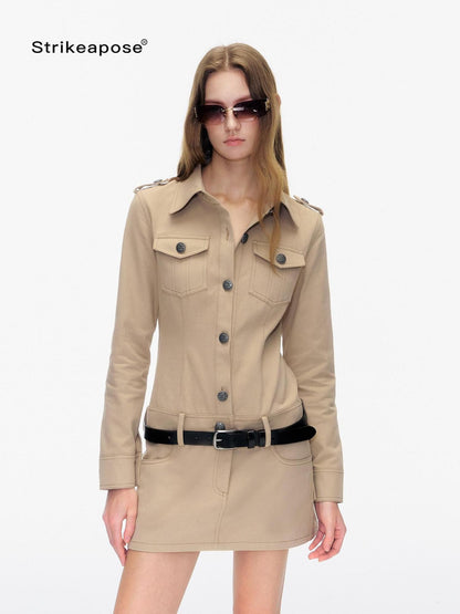 STRIKE A POSE Pocketed Utility Hip Hugging Shirt Dress Women&