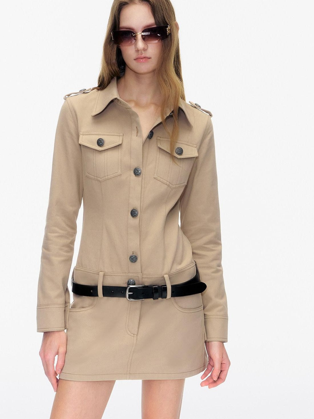 STRIKE A POSE Pocketed Utility Hip Hugging Shirt Dress Women&