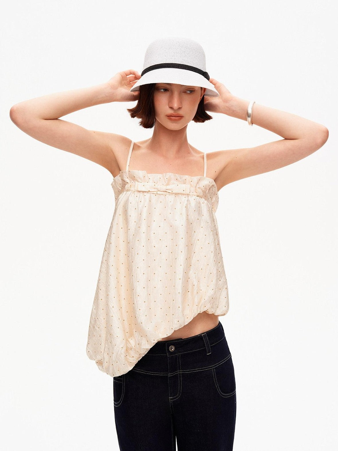 Polka Dot Asymmetric Pleated Ruffle Bias Cut Women&
