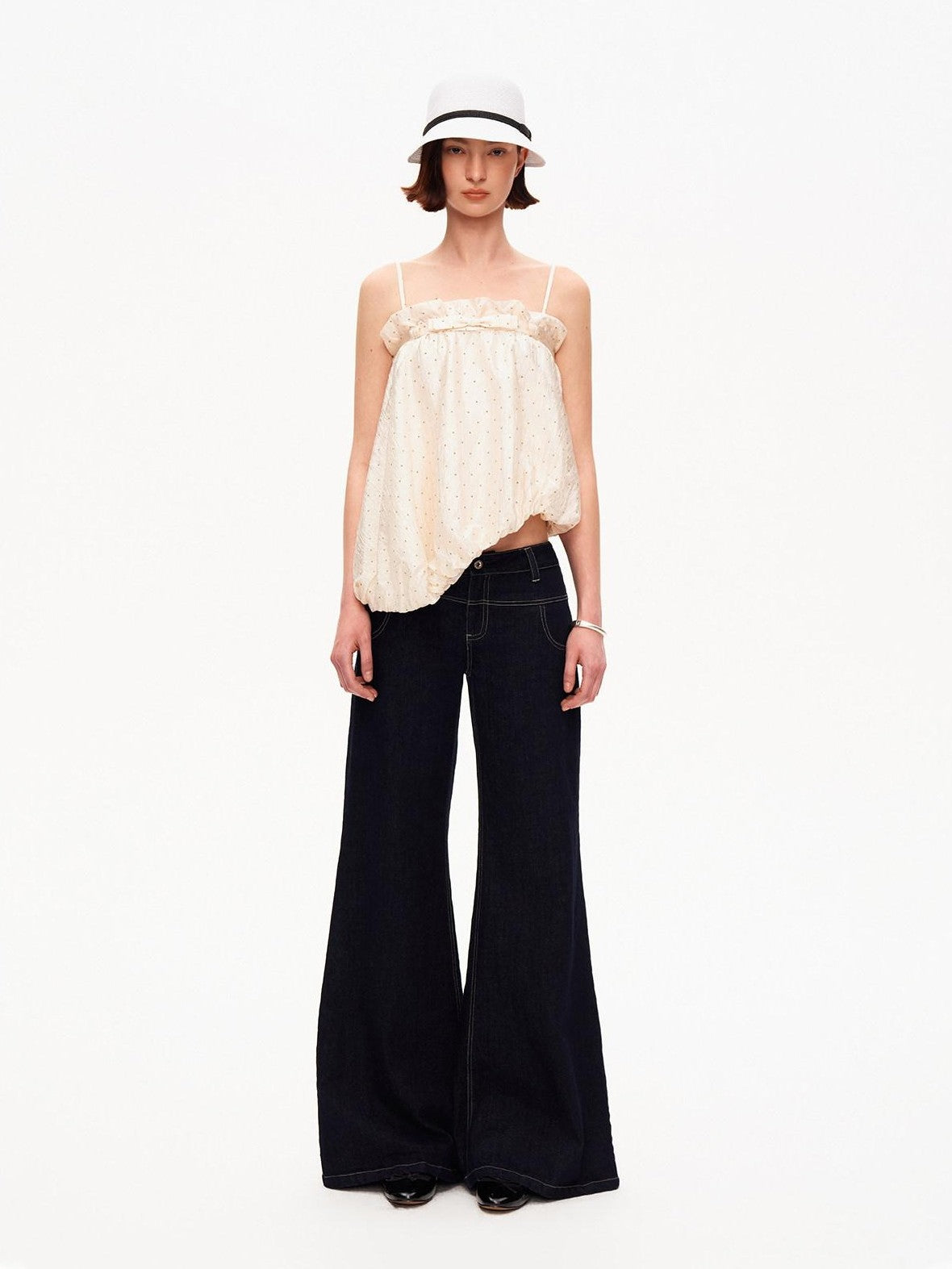 Polka Dot Asymmetric Pleated Ruffle Bias Cut Women&