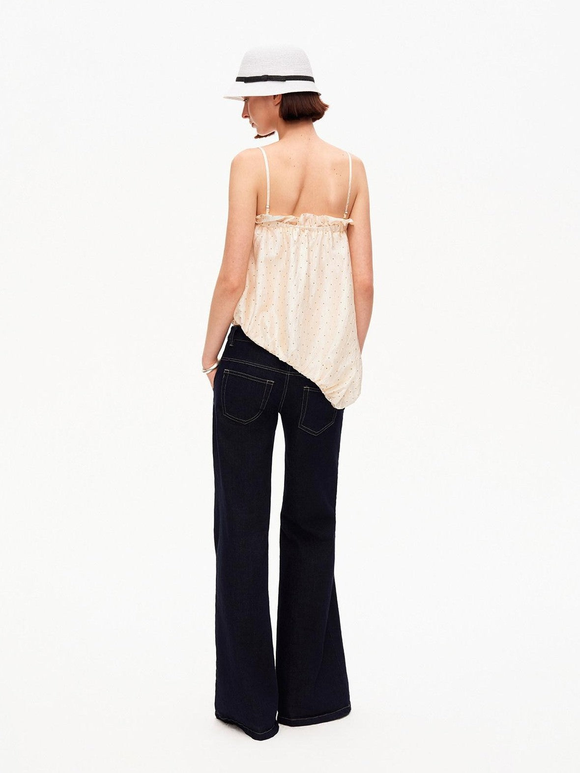 Polka Dot Asymmetric Pleated Ruffle Bias Cut Women&