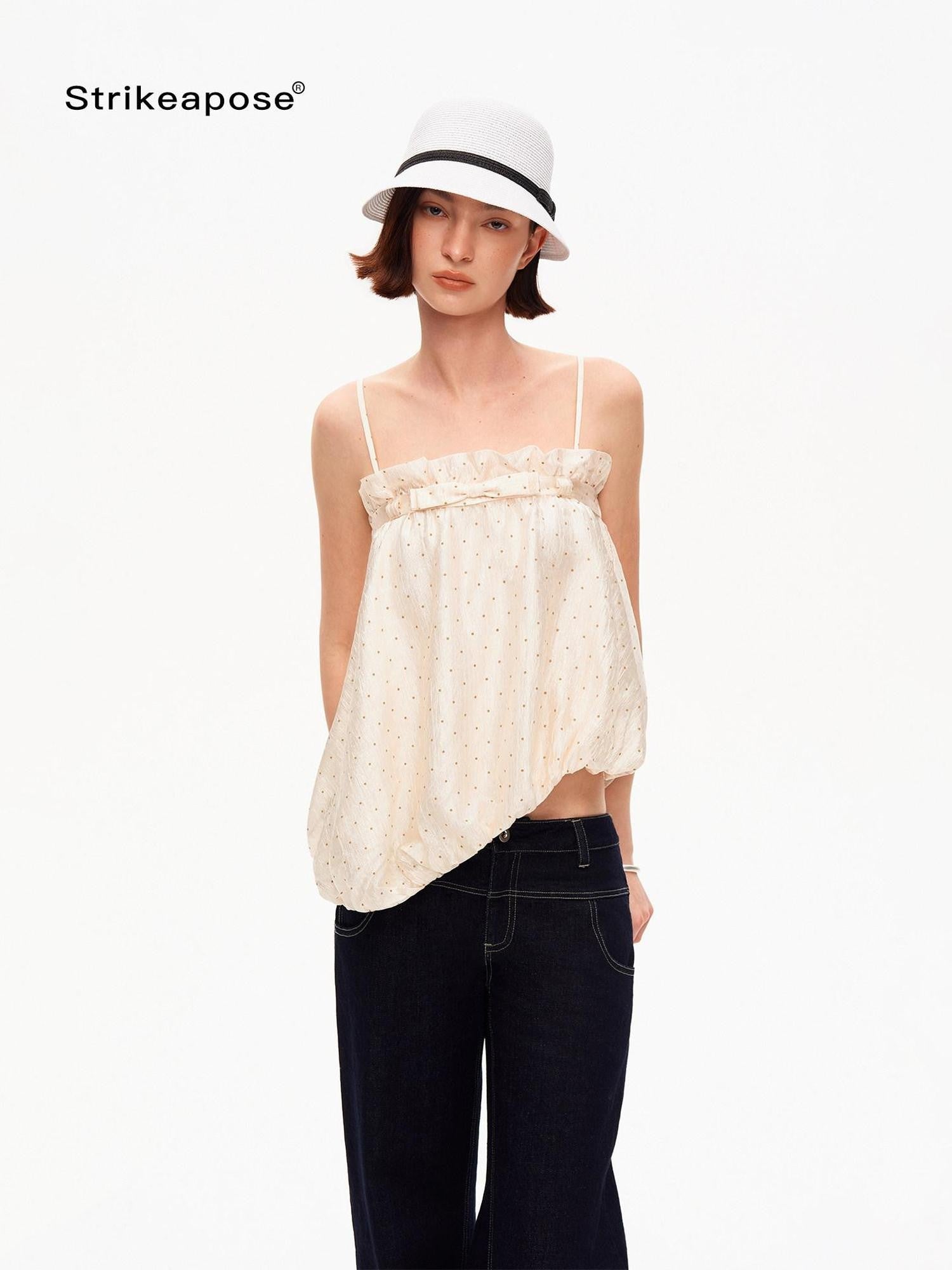 Polka Dot Asymmetric Pleated Ruffle Bias Cut Women&