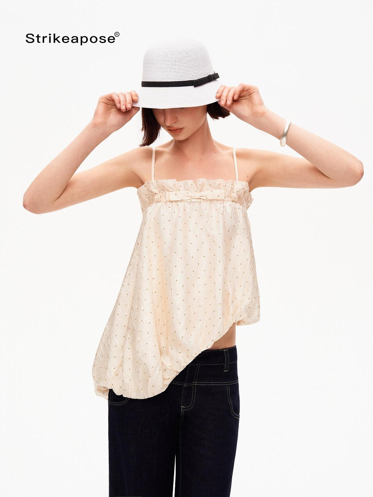 Polka Dot Asymmetric Pleated Ruffle Bias Cut Women&