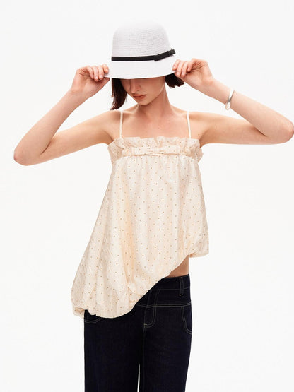 Polka Dot Asymmetric Pleated Ruffle Bias Cut Women&