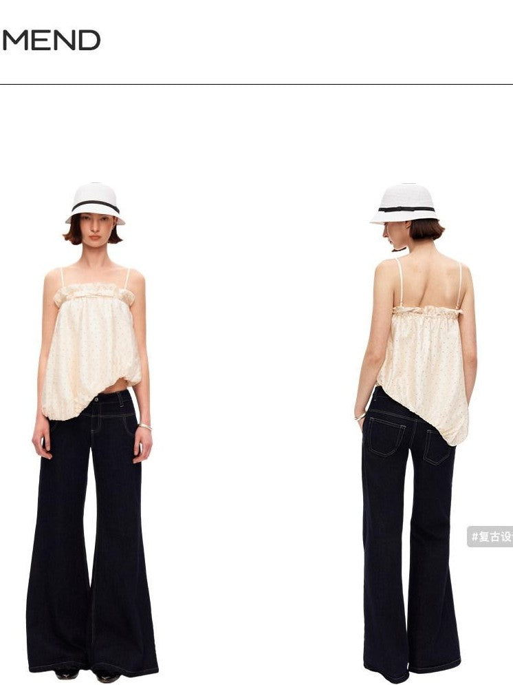 Polka Dot Asymmetric Pleated Ruffle Bias Cut Women&