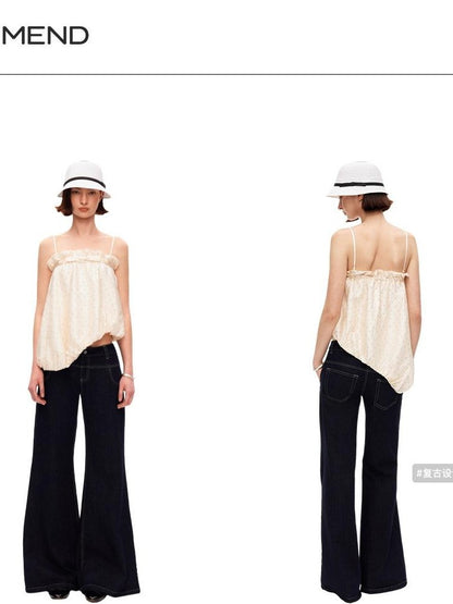 Polka Dot Asymmetric Pleated Ruffle Bias Cut Women&