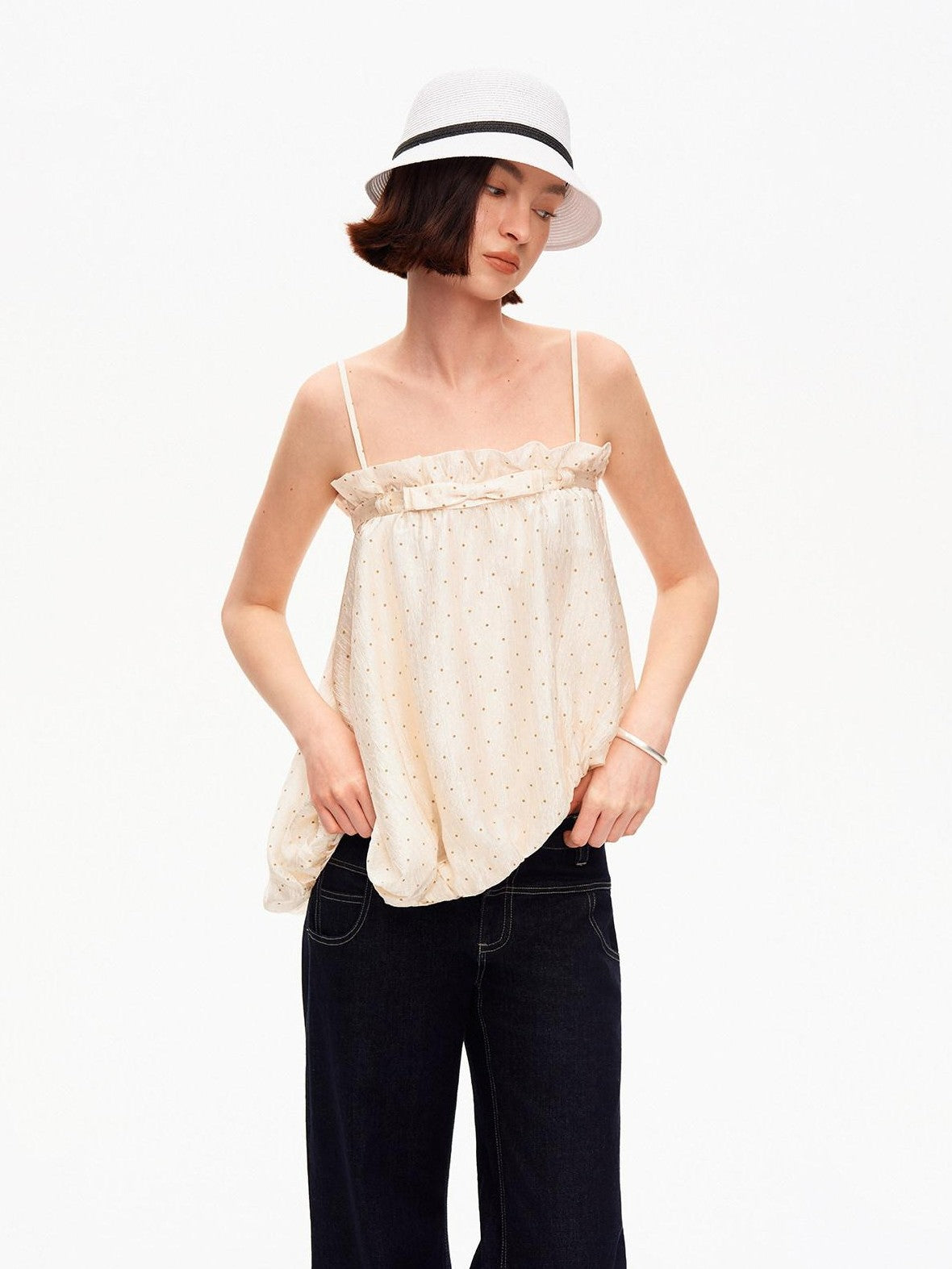 Polka Dot Asymmetric Pleated Ruffle Bias Cut Women&