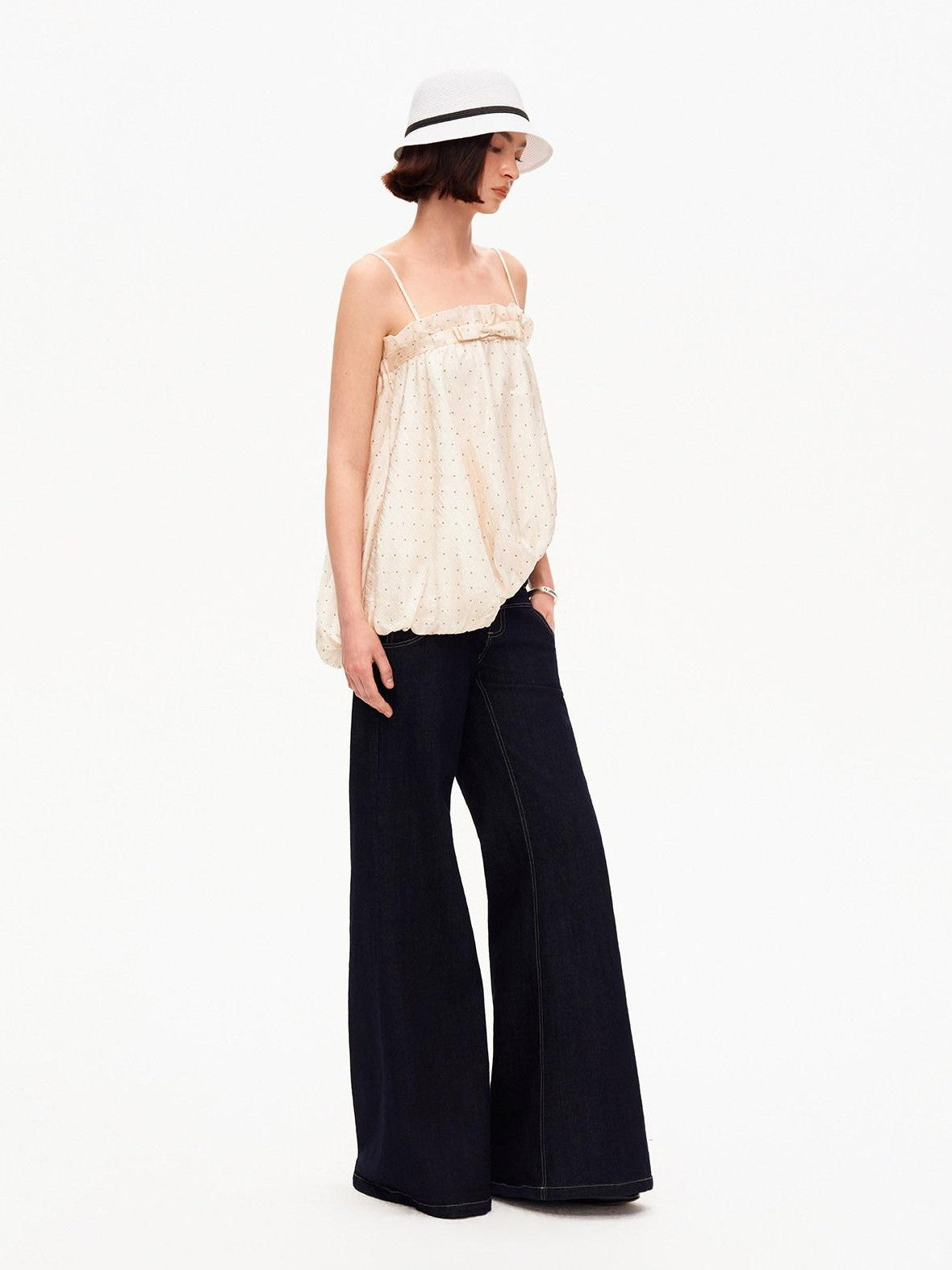 Polka Dot Asymmetric Pleated Ruffle Bias Cut Women&