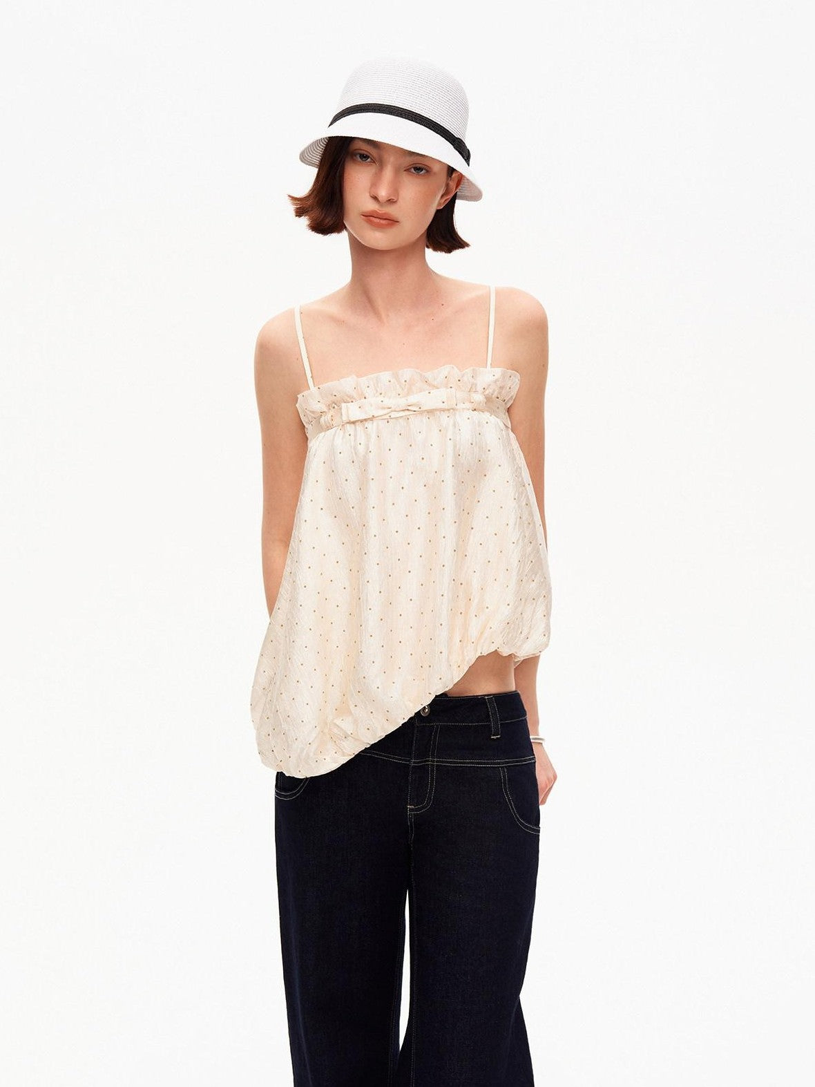 Polka Dot Asymmetric Pleated Ruffle Bias Cut Women&