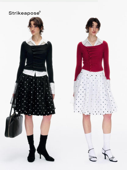 STRIKE A POSE Polka Dot Pleated Colorblock Faux Women&
