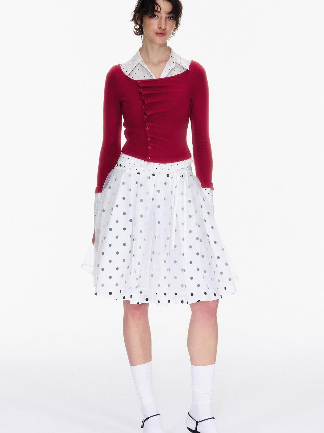 STRIKE A POSE Polka Dot Pleated Colorblock Faux Women&