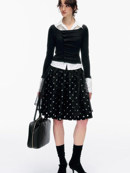STRIKE A POSE Polka Dot Pleated Colorblock Faux Women&