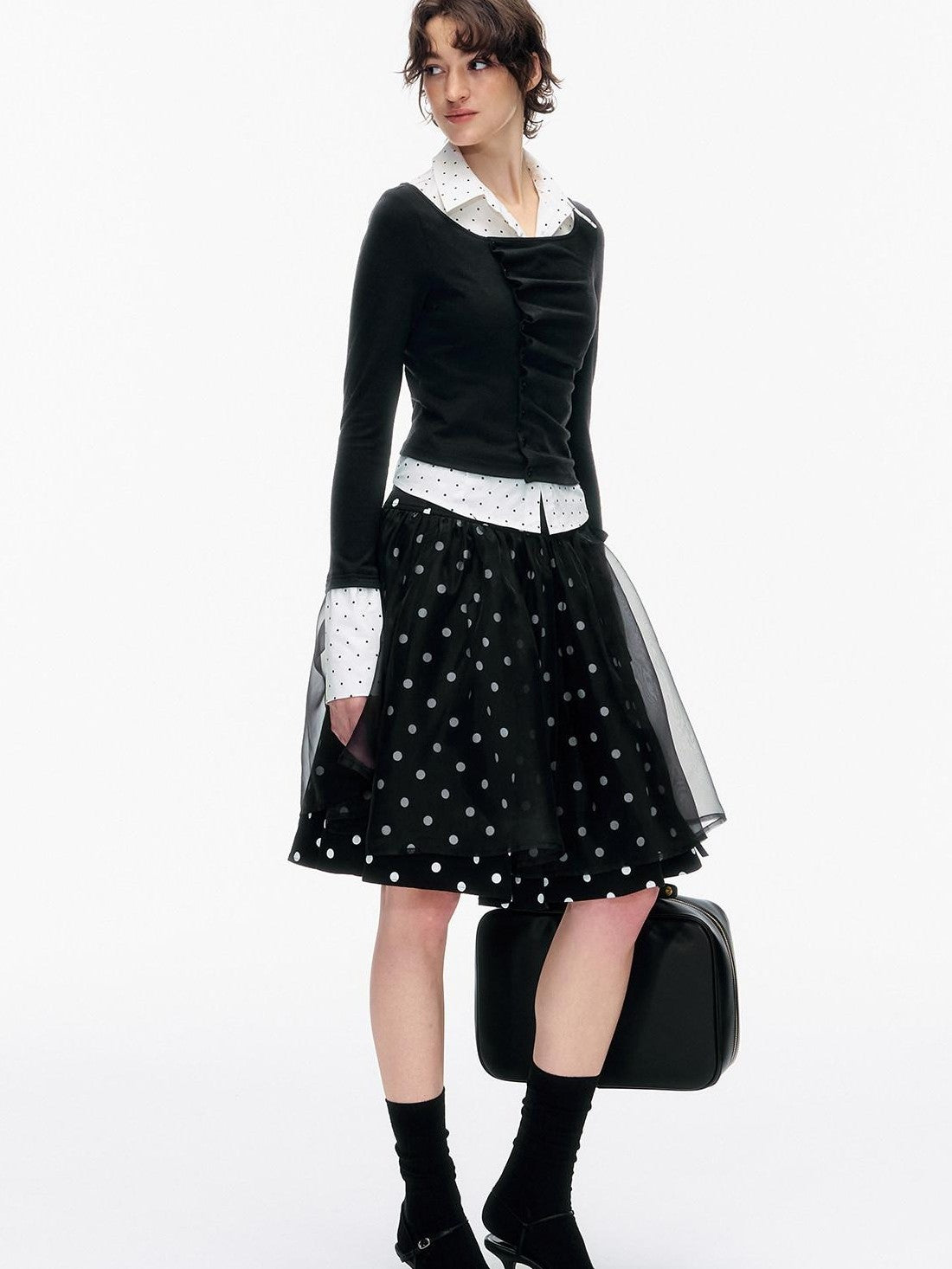 STRIKE A POSE Polka Dot Pleated Colorblock Faux Women&