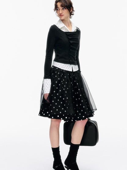 STRIKE A POSE Polka Dot Pleated Colorblock Faux Women&