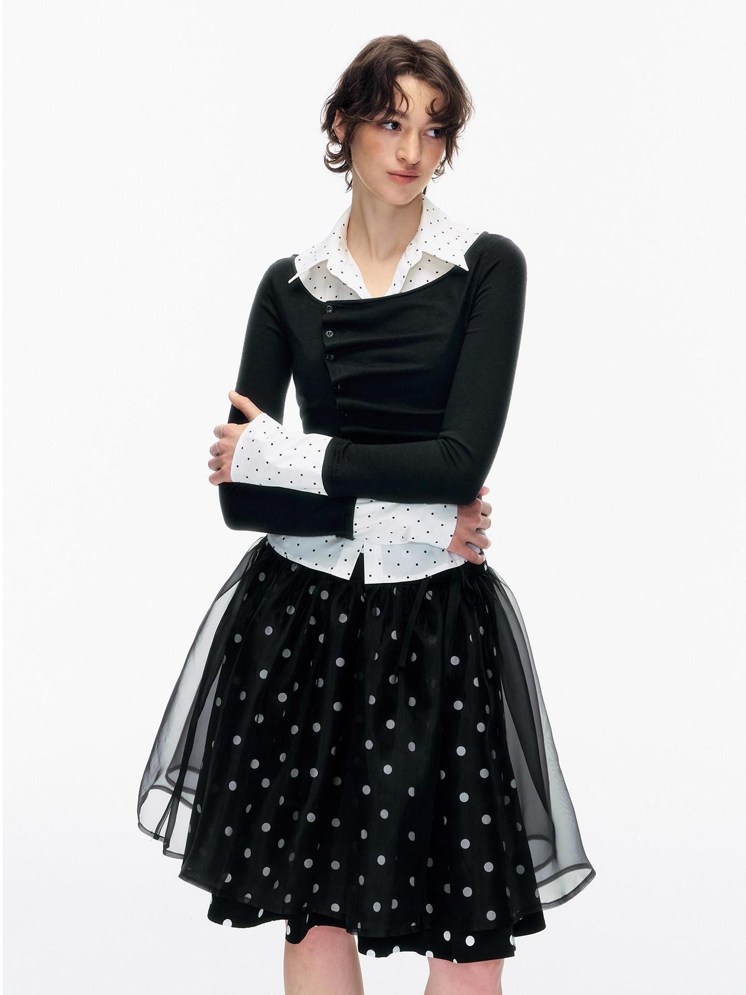 STRIKE A POSE Polka Dot Pleated Colorblock Faux Women&