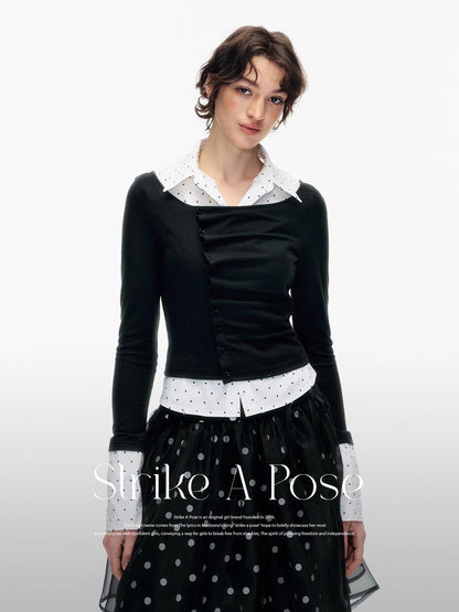 STRIKE A POSE Polka Dot Pleated Colorblock Faux Women&