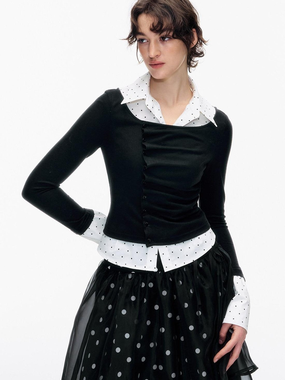 STRIKE A POSE Polka Dot Pleated Colorblock Faux Women&