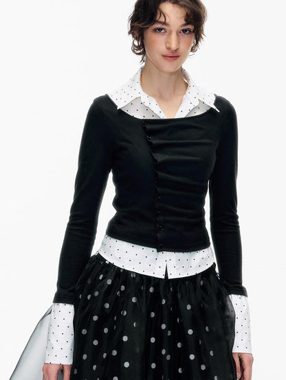 STRIKE A POSE Polka Dot Pleated Colorblock Faux Women&