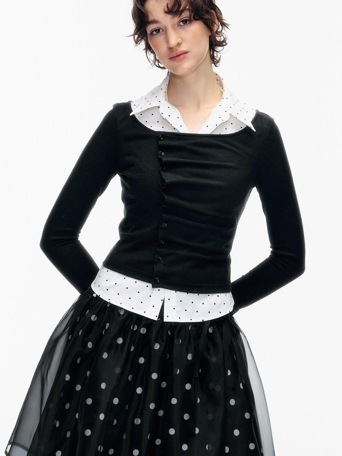 STRIKE A POSE Polka Dot Pleated Colorblock Faux Women&