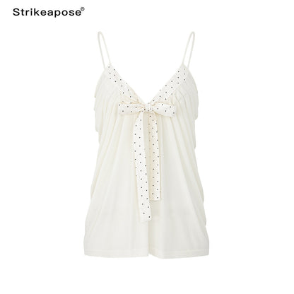 STRIKE_A_POSE_Polka_Dot_V-neck_Bow_A_Line_Pleated_Satin_Knit_Women&