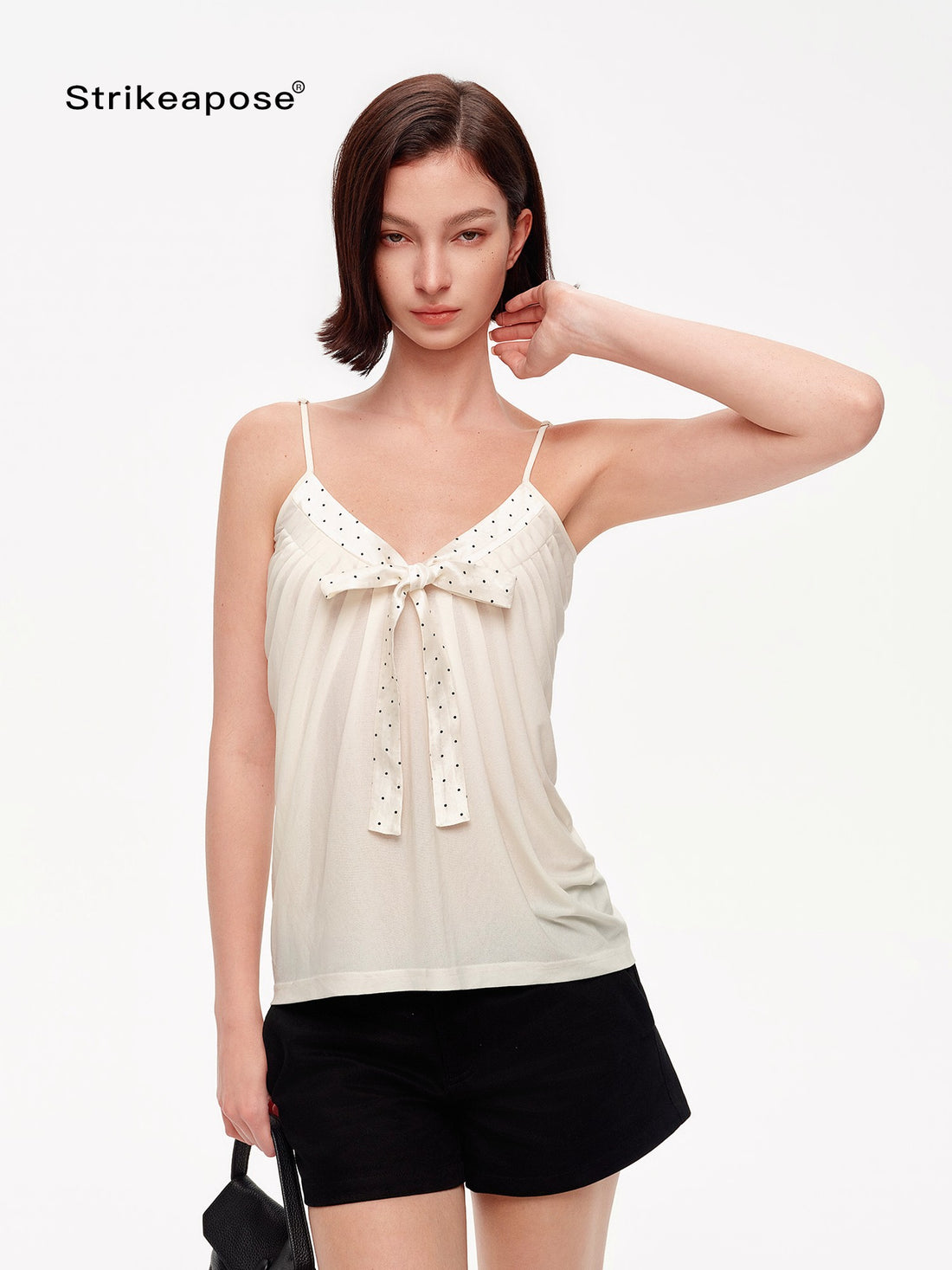 STRIKE A POSE Polka Dot V-neck Bow A Line Pleated Satin Knit Women&