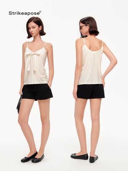 STRIKE A POSE Polka Dot V-neck Bow A Line Pleated Satin Knit Women&