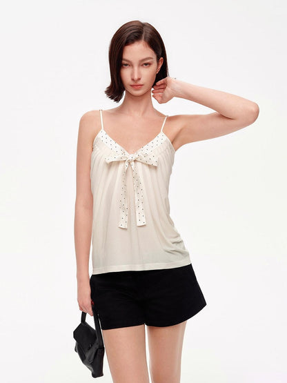 STRIKE A POSE Polka Dot V-neck Bow A Line Pleated Satin Knit Women&