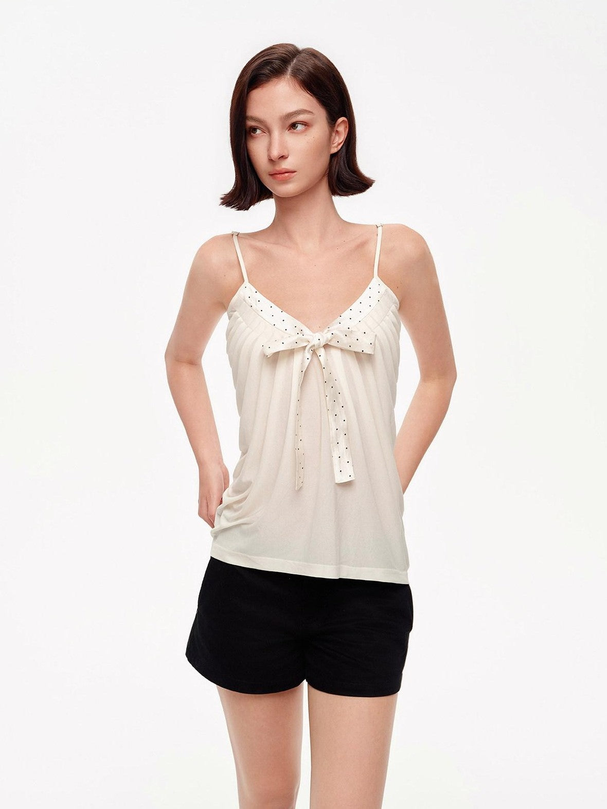 STRIKE A POSE Polka Dot V-neck Bow A Line Pleated Satin Knit Women&