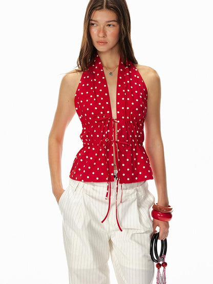 STRIKE A POSE Red Polka Dot Backless Drawstring Waist Slim Women&