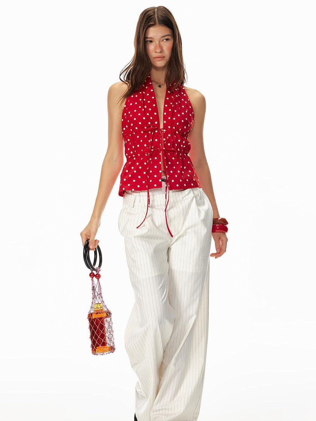 STRIKE A POSE Red Polka Dot Backless Drawstring Waist Slim Women&